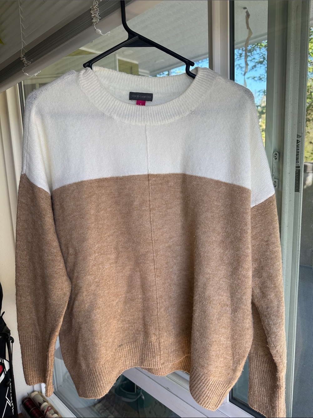 Vince Camuto White and Brown Colorblock Crewneck Sweater